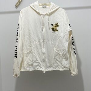 Cream Hoodie with Palm Tree and Sailboat Design